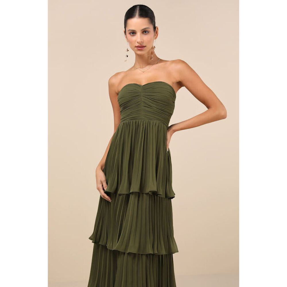 Lulus Seriously Sensational Olive Green Strapless Tiered Maxi Dress - Size M